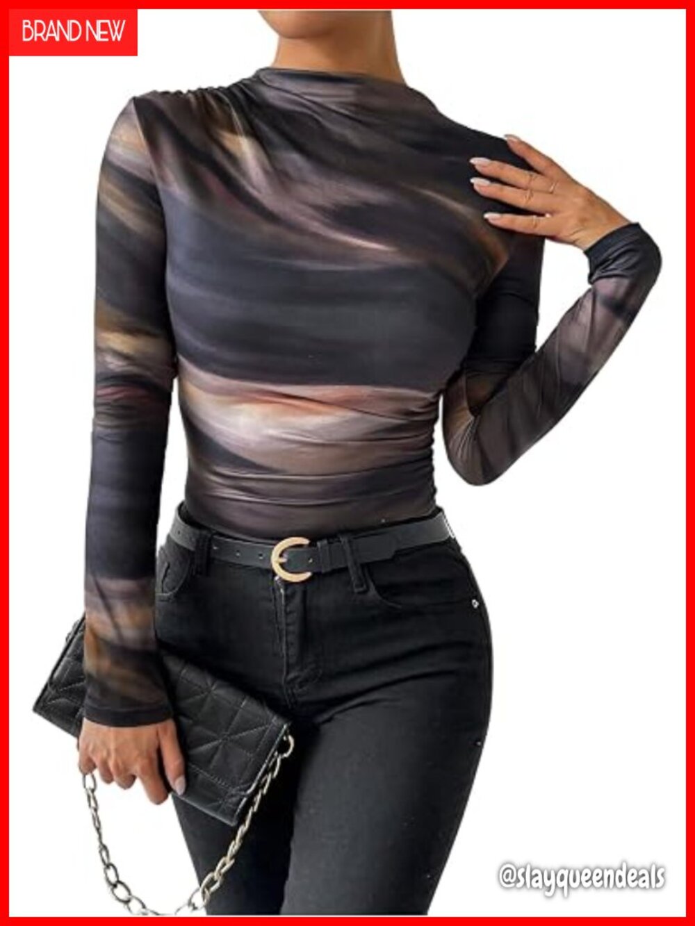 Ruched Off Shoulder Top Sheer Mesh Long Sleeve T Shirt Fitted Trendy Going Out